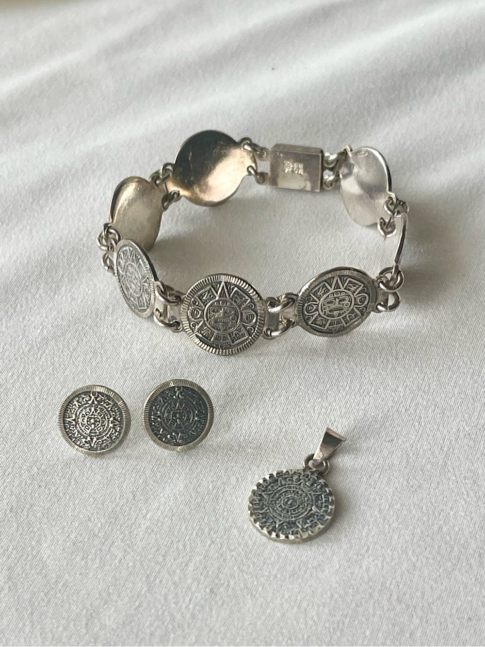 Sterling Silver Aztec Calendar Coin Bracelet, Pendant & Earrings Set